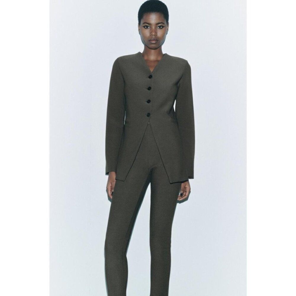 Zara Womens Long Crepe Blazer Jacket S Small Dark Khaki Single Breasted NWOT